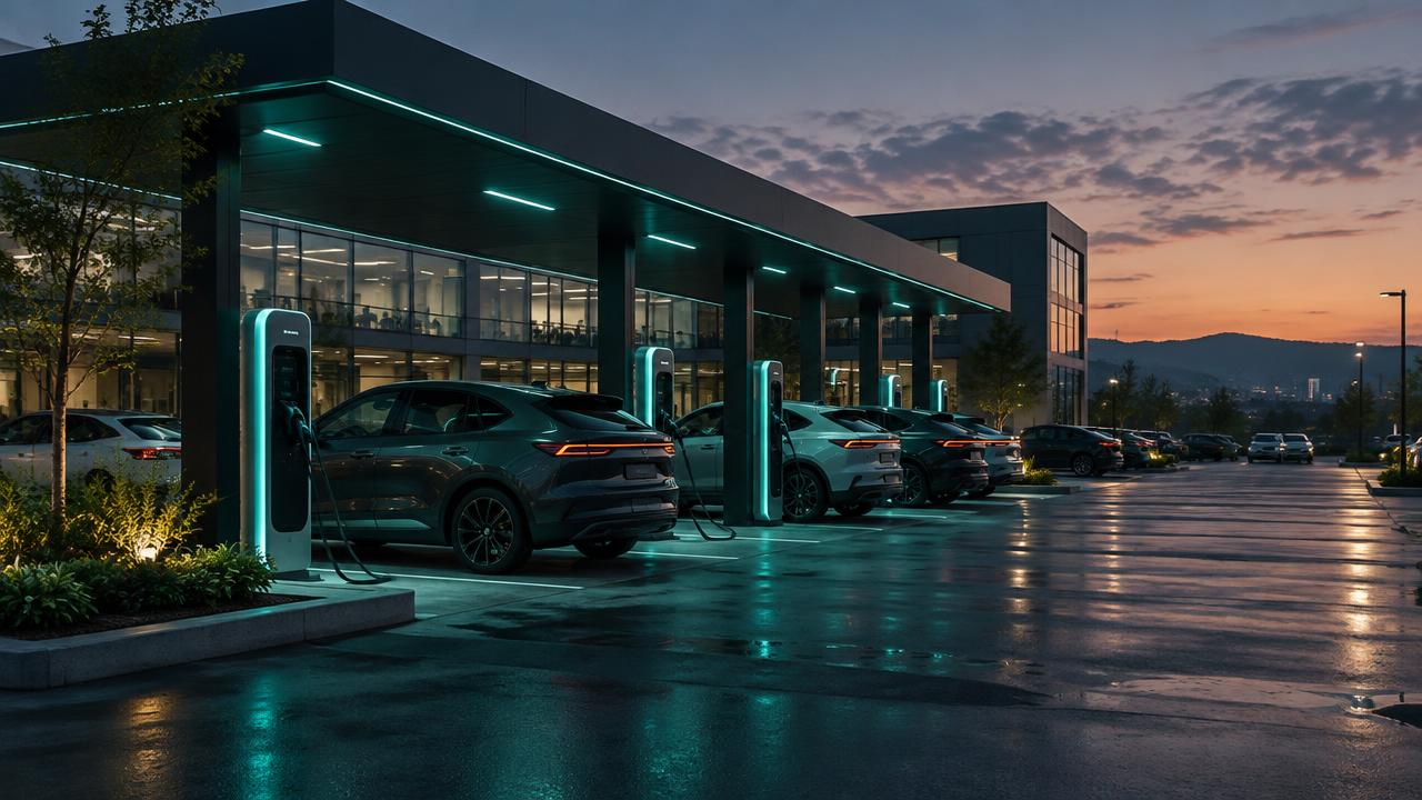 Fleet cars charging at a business site