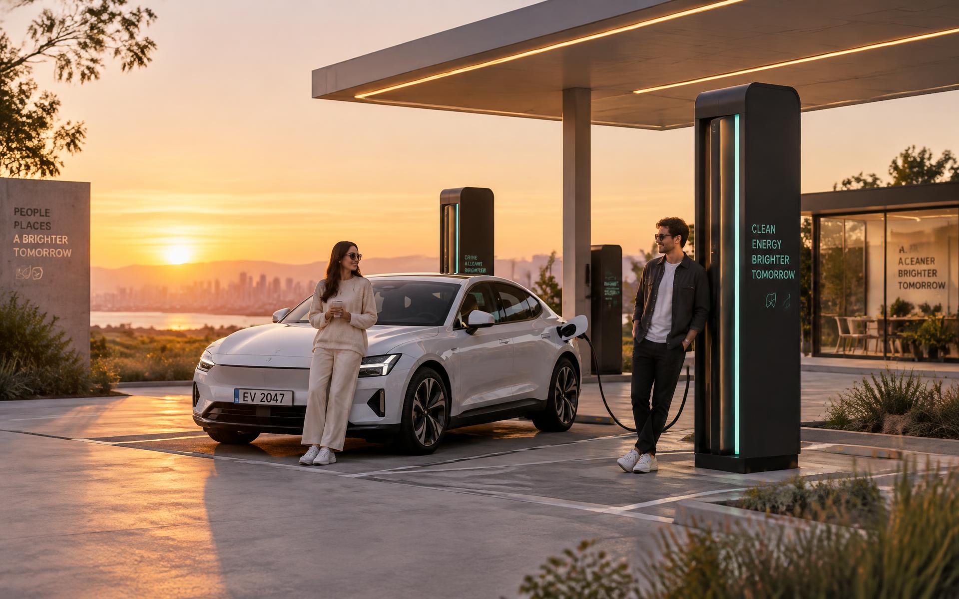 Drivers charging an electric car at an ECHARGE station at golden hour