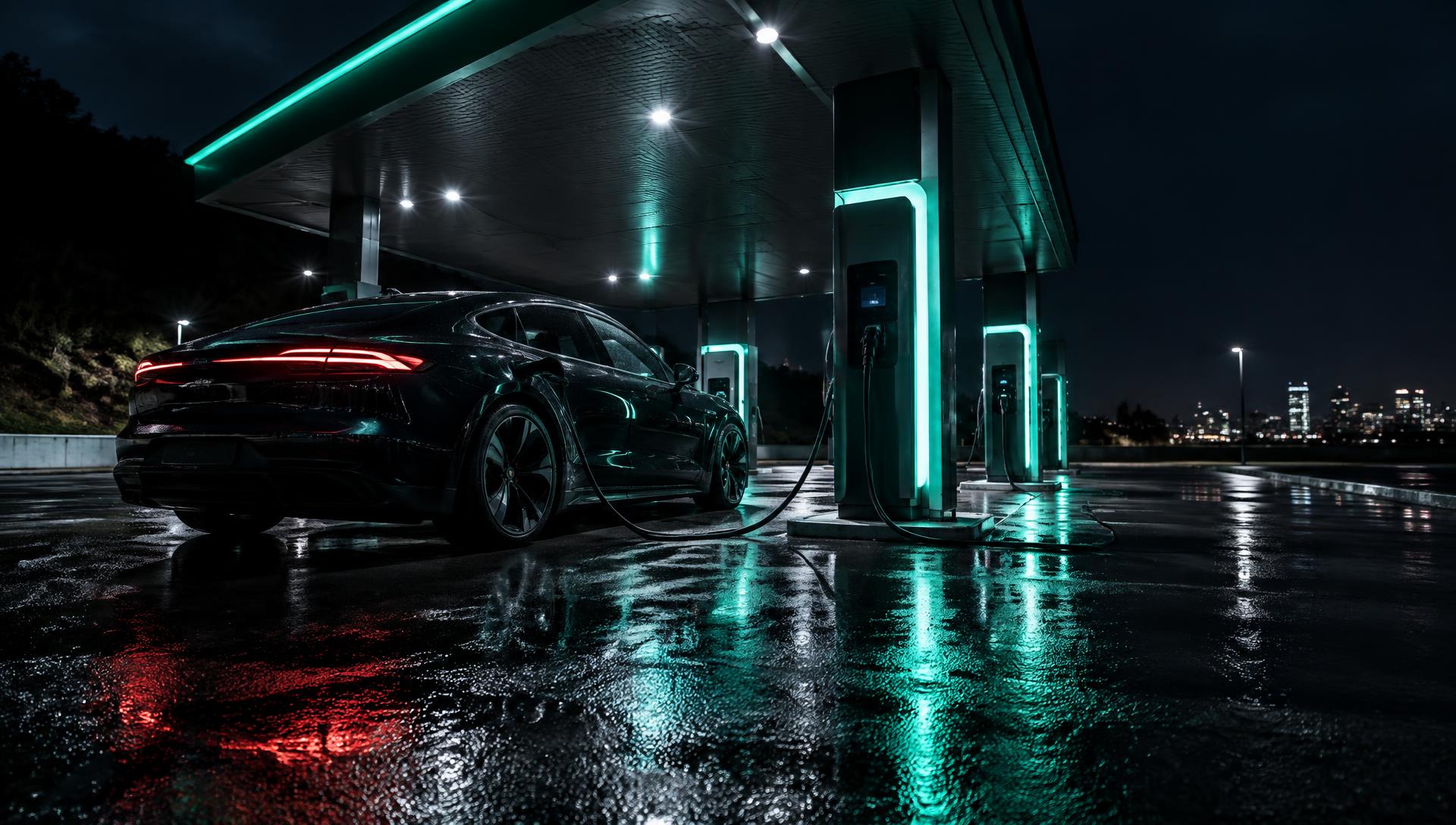 Electric car charging at night at an ECHARGE station